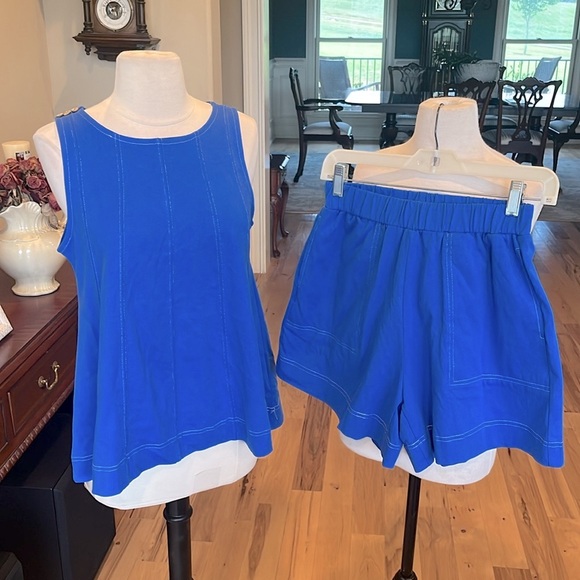 Matching Set Blue Cotton Flowy Tank Blousey Shorts New - Picture 2 of 11